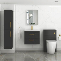 Royal Bathrooms Turin 600mm Wall Hung Vanity Unit Matt Black 2 Drawer Minimalist Basin With Brushed Brass Handles - thumbnail 4