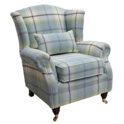 Wing Chair Original Fireside High Back Armchair P And S Balmoral Duck Egg Blue Check Real Fabric - thumbnail 1