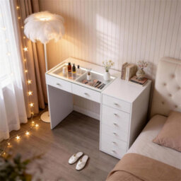 Fenchilin 8-Drawer Vanity Dressing Table With Led Lights 120X55X81Cm White Makeup Desk - thumbnail 2