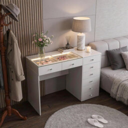 Fenchilin 8-Drawer Vanity Dressing Table With Led Lights 120X55X81Cm White Makeup Desk