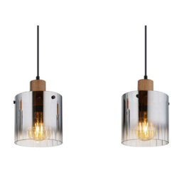 Luminosa Lighting Luminosa Underwood Bar Pendant Ceiling Light Wood Look Dark Smoke Glass Shade 3X E27 - thumbnail 4