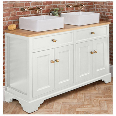 Homestylestore 1210mm Antique White And Oak Bathroom Vanity Unit With Square Countertop Basins And Gold Round Handles - image 1