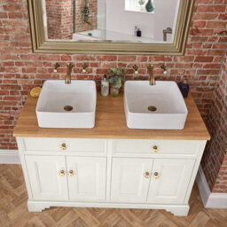 Homestylestore 1210mm Antique White And Oak Bathroom Vanity Unit With Square Countertop Basins And Gold Round Handles - thumbnail 2