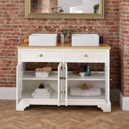 Homestylestore 1210mm Antique White And Oak Bathroom Vanity Unit With Square Countertop Basins And Gold Round Handles - thumbnail 4