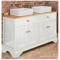Homestylestore 1210mm Antique White And Oak Bathroom Vanity Unit With Square Countertop Basins And Gold Round Handles