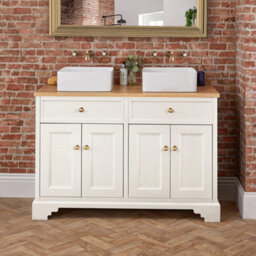 Homestylestore 1210mm Antique White And Oak Bathroom Vanity Unit With Square Countertop Basins And Gold Round Handles - thumbnail 3