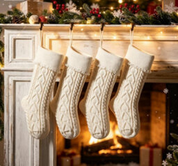 Amorly 4Pcs White Knitted Christmas Stockings With Ruffled Cuff, Hanging Decor Stockings For Fireplace Mantel Holiday Home Party Decor - thumbnail 1