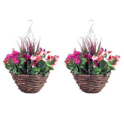 Best Artificial Pair Of 30Cm 10 Inch Pink & Purple Pansy Flower With Decorative Rattan Hanging Baskets For Indoor Outdoor Garden Use - image 1