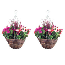 Best Artificial Pair Of 30Cm 10 Inch Pink & Purple Pansy Flower With Decorative Rattan Hanging Baskets For Indoor Outdoor Garden Use
