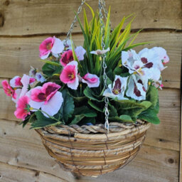 Best Artificial Pair Of 30Cm 10 Inch Pink & Purple Pansy Flower With Decorative Rattan Hanging Baskets For Indoor Outdoor Garden Use - thumbnail 2
