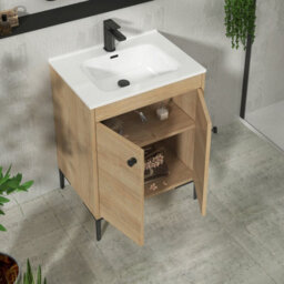 Royal Bathrooms Verona 600mm Natural Oak Floor Standing Vanity Unit 2 Door With Ceramic Basin & Matt Black Knob - thumbnail 5
