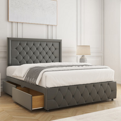Bsspoke Lena Divan Bed Set Grey Plush Velvet With 24Inch Headboard & Footboard 2 Drawers Same Side & Mattress In All Sizes - image 1