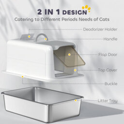 Pawhut Stainless Steel Cat Litter Box With Removable Lid, Scoop, White - thumbnail 6