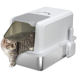 Pawhut Stainless Steel Cat Litter Box With Removable Lid, Scoop, White - thumbnail 2