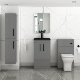 Royal Bathrooms Turin 500mm Floor Standing Vanity Unit 2 Door Indigo Grey Gloss With Black Basin & Handles - thumbnail 5