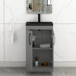 Royal Bathrooms Turin 500mm Floor Standing Vanity Unit 2 Door Indigo Grey Gloss With Black Basin & Handles - thumbnail 6