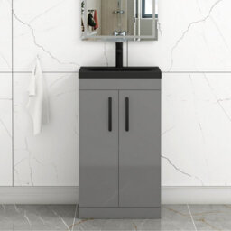 Royal Bathrooms Turin 500mm Floor Standing Vanity Unit 2 Door Indigo Grey Gloss With Black Basin & Handles - thumbnail 1