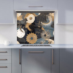 Warren Reed Designer Abstract Blue Gold Moon Sun Premium Glass Kitchen Splashback W900mm X H750mm - thumbnail 1