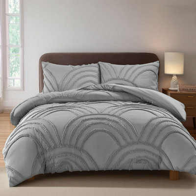 Duvet Cover And Pillowcase Set Tufted Luxury Design Polyester Bed Linen Silver - image 1