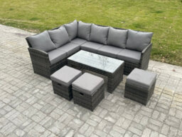 Fimous 9 Seater Outdoor Rattan Garden Furniture Set Corner Sofa Oblong Coffee Table Sets With Patio 3 Small Footstools - thumbnail 1
