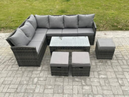 Fimous 9 Seater Outdoor Rattan Garden Furniture Set Corner Sofa Oblong Coffee Table Sets With Patio 3 Small Footstools - thumbnail 2