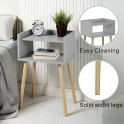 Modern Grey Wooden Nightstand Tall Bedside Table With Pinewood Legs And Open Shelf Slim Side Table H60 X L40 X W30Cm - thumbnail 5