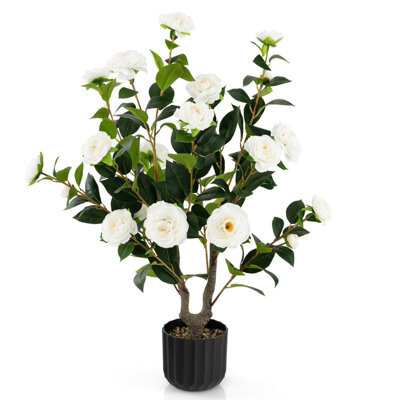 Costway Artificial Camellia Tree Faux Flower Plant Pot Artificial Tree 24 White Flowers - image 1