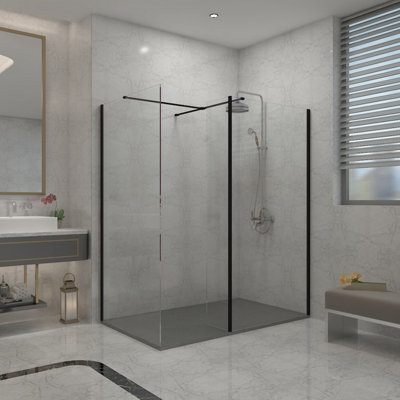 Sundaze Matt Black Walk In Wet Room Shower Enclosure 800mm & 800mm & 215mm Flipper Panel With 1600X800mm Anthracite Shower Tray - image 1