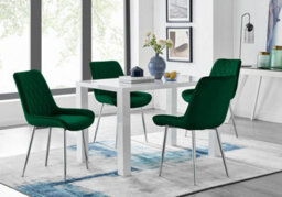 Furniturebox Uk Pivero 4 White Dining Table And 4 Green Pesaro Silver Leg Chairs