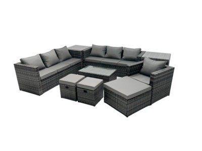 Fimous Rattan Garden Furniture Dining Set 10-Seater Patio Coffee Table Sofa Set With 3 Stools 2 Side Tables Dark Grey Mixed - image 1