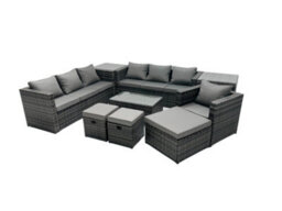 Fimous Rattan Garden Furniture Dining Set 10-Seater Patio Coffee Table Sofa Set With 3 Stools 2 Side Tables Dark Grey Mixed - thumbnail 2