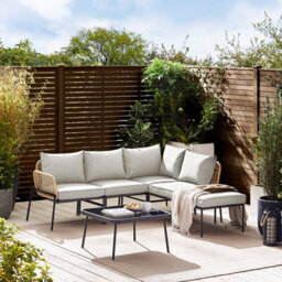 Furniturebox Maldives Corner Garden Sofa Set, Black & Beige Metal Garden Furniture Outdoor Sofa Couch 4 / 5 Seater Patio Table Set - thumbnail 1