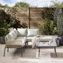 Furniturebox Maldives Corner Garden Sofa Set, Black & Beige Metal Garden Furniture Outdoor Sofa Couch 4 / 5 Seater Patio Table Set - thumbnail 2