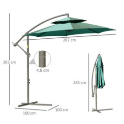 Outsunny 2.7M Cantilever Banana Parasol Outdoor Sun Shade W/ Crank, Green - thumbnail 3