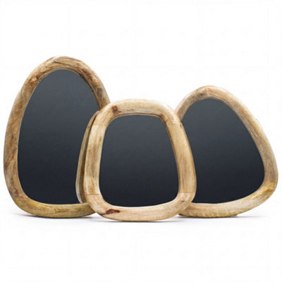 Serenityy Set Of 3 Pebble-Shaped Wall Mirrors In Light Wood Finish - Framed, Matt Polish, 3 Pieces