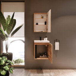 Impact Furniture Wall Hung 500mm Vanity Unit With Basin And Mirror Cabinet Set Wall Storage Narrow Slimline Bathroom Oak Effect Avir - thumbnail 7