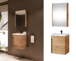 Impact Furniture Wall Hung 500mm Vanity Unit With Basin And Mirror Cabinet Set Wall Storage Narrow Slimline Bathroom Oak Effect Avir - thumbnail 1