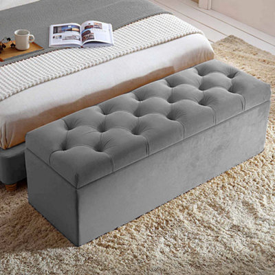 137Cm Chesterfield Ottoman Storage Box- Plush Velvet Shoe Bench - Grey Chesterfield Upholstered Blanket Box - image 1