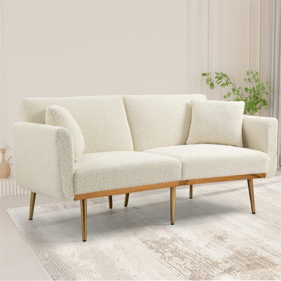 Abrihome Modern 2-Seater Velvet Sofa With 3-Speed Adjustable Backrest, Thick Cushions & Gold Metal Legs, White Teddy - image 1