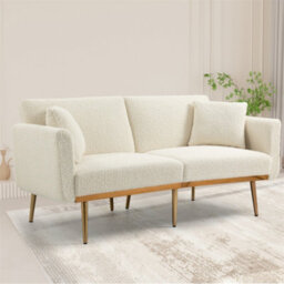 Abrihome Modern 2-Seater Velvet Sofa With 3-Speed Adjustable Backrest, Thick Cushions & Gold Metal Legs, White Teddy - thumbnail 1