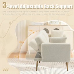 Abrihome Modern 2-Seater Velvet Sofa With 3-Speed Adjustable Backrest, Thick Cushions & Gold Metal Legs, White Teddy - thumbnail 3