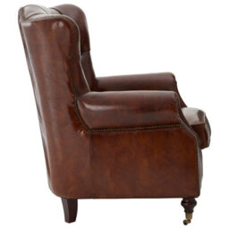 Orsina Brown Leather Scroll Armchair, Lounge Chair With Quilted Backrest,walnut Wooden Chair With Stud Details - thumbnail 4