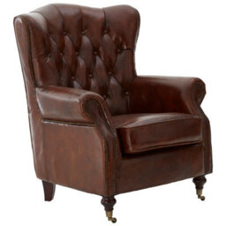 Orsina Brown Leather Scroll Armchair, Lounge Chair With Quilted Backrest,walnut Wooden Chair With Stud Details