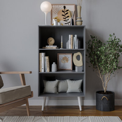 Urbn-Living Urbnliving 110Cm Height 3 Tier Grey Bookcase Storage Cabinet Scandinavian Style White Legs Dining Room Display Unit - image 1