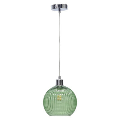 First Choice Lighting Betchley - Green Ribbed Glass Globe With Chrome Pendant Fitting - image 1