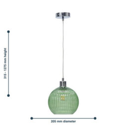 First Choice Lighting Betchley - Green Ribbed Glass Globe With Chrome Pendant Fitting - thumbnail 8