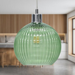 First Choice Lighting Betchley - Green Ribbed Glass Globe With Chrome Pendant Fitting - thumbnail 3