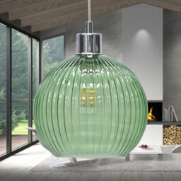 First Choice Lighting Betchley - Green Ribbed Glass Globe With Chrome Pendant Fitting - thumbnail 4