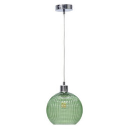 First Choice Lighting Betchley - Green Ribbed Glass Globe With Chrome Pendant Fitting - thumbnail 1