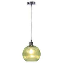 First Choice Lighting Betchley - Green Ribbed Glass Globe With Chrome Pendant Fitting - thumbnail 2